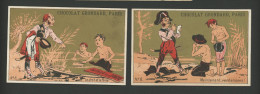 Chocolat  Grondard, Lot De 2  Chromo Lith. Testu & Massin TM34-16, Thème Gendarmes, Gardien, Baigneurs, Humour - Félix Potin