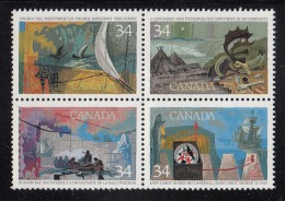 Canada MNH Scott #1107a Block Of 4 34c Exploration Of Canada I - Discoverers With #1106 Variety Sea Froth Front Of Ship - Variedades Y Curiosidades