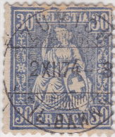 SI53D Svizzera Suisse Helvetia 30 C.  Franco Azzurro  Usato Con Annullo ZURIGO 1862 - Usados