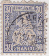 SI53D Svizzera Suisse Helvetia 30 C.  Franco Azzurro  Usato Con Annullo ZURIGO 1862 - Used Stamps