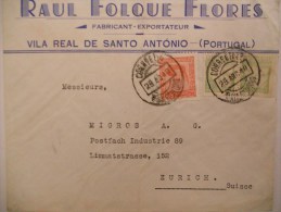 Portugal Lettre De Vila Real De Santo Antonio 1940 Pour Zurich - Covers & Documents