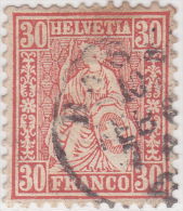 SI53D Svizzera Suisse Helvetia 30 C.  Franco Carminio  Usato Con Annullo, 1862 - Usati