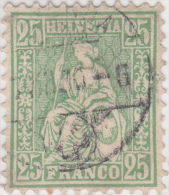 SI53D Svizzera Suisse Helvetia 25 C.  Franco Verde Giallo  Usato Con Annullo, 1862 - Used Stamps