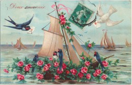 CPA OISEAUX - Gaufrée - Doux Souvenir - Hirondelles Chargeant Un Voilier De Roses - Fleurs - Colombe - Uccelli