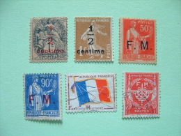 France 1919/64 Scott M7, M9, M11/12 + Newspaper Stamps P7/8 - Liberty Sower Peace Flag Anchor - Militärische Franchisemarken