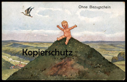 ALTE KÜNSTLER POSTKARTE HUMOR OHNE BEZUGSSCHEIN NACKTES BABY Humour Enfant Bébé Nu Nude Cigogne Stork Storch Postcard AK - Naissance