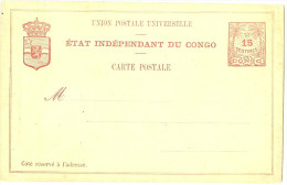 LBL20 - CONGO BELGE - EP CP 15c CARMIN LETTRES MAIGRES  NEUF - 1884-1894