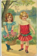 CPA Enfants - Belle Carte Papier Chromo Brillant - Deux Fillettes Portant Un Panier Fleuri - Portraits