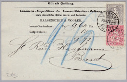 Heimat ZHs ZÜRICH Filiale 1870-12-07 Quittungsbrief Neue Zürcher Zeitung Nach Basel Mit 2Rp U. 10Rp. Sitzende - Briefe U. Dokumente