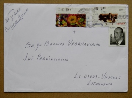 Cover Sent From Spain To Lithuania Atm Machine Stamp Old Car Auto Fruits - Brieven En Documenten