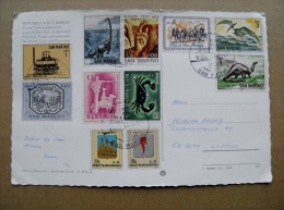 Post Card Sent From San Marino Dinosaurs Horses Zodiac Train 11 Stamps Prima Torre Mountains Panorama Landscape - Cartas & Documentos