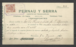 A148-SELLO FISCAL EN DOCUMENTO AÑO 1910 COMPLETO FISCALES BARCELONA FERROCARRIL RAIL WAY TRENES PERNAU Y SERRA . - Fiscaux-postaux