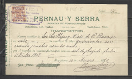 A148E-SELLO FISCAL EN DOCUMENTO AÑO 1910 COMPLETO FISCALES BARCELONA FERROCARRIL RAIL WAY TRENES PERNAU Y SERRA . - Postage-Revenue Stamps