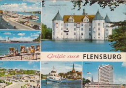 5933- FLENSBURG- HARBOUR, SHIP, BEACH, AVENUE, CAR, TOWN HALL, CASTLE, POSTCARD - Flensburg