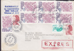 France Express LA DAGUENIERE (Marne Et Loire) 1983 Cover Lettre FARSTA Sweden Ecole Militaire 6-Block Liberté De Gandon - 1982-1990 Liberté (Gandon)