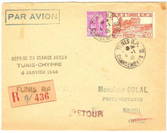 1°  Liaison Reprise Serice Aéien Postal Tunis-Chypre 04/01/46 - Erst- U. Sonderflugbriefe