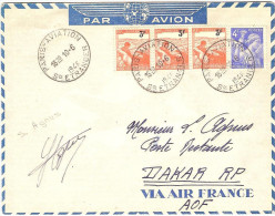 AIR FRANCE Mise En Service DC4 Sur Paris-Casablanca-Dakar 10/06/46 Signé AGNUS Louis Pilote Très Rare - First Flight Covers