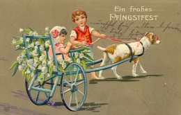 Pfingsten, Kinder, Kutsche Mit Hund, Prägekarte, 1908 - Pfingsten