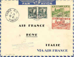 AIR FRANCE Reprise Du Service Aérien Tunis-Rome 1°liaison 25/03/47 Enveloppe Spéciale Air France - Premiers Vols