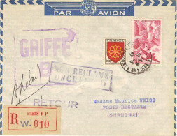 AIR FRANCE Ouverture Service Régulier Paris-Tunis-Shanghai 30/03/47 Signé A.GREARD Copilote - First Flight Covers