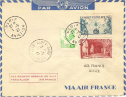 AIR FRANCE 1°liaison Postale De NUIT Sur Paris-Marseille-Alger01/0 5/47 Envel.spéc. A.France Griffe Rouge VARIANTE - First Flight Covers