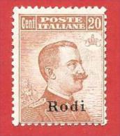 ITALIA REGNO COLONIE OCCUPAZIONI - MH - 1917 - RODI - Serie Ordinaria - Cent. 20 FILIGRANA CORONA - S. 12 - Castelrosso