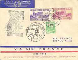AIR FRANCE 20° Anniv.ligne Fce/Amér.Sud 07/03/48 Paris-(Tunis)-Buenos Aires Enveloppe Spéciale Air France - Primi Voli