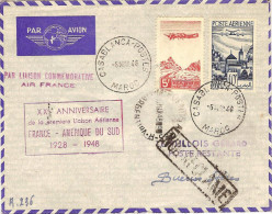 AIR FRANCE 20° Anniv.ligne Fce/Amér.Sud 07/03/48 (Paris)-Cablanca-Buenos Aires Griffe Locale Rouge - First Flight Covers