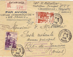AIR FRANCE 20° Anniv.ligne Fce/Amér.Sud 07/03/48 (Paris)-Casablanca-Rio De J.-(Buenos Aires) Griffe Locale Violette - Premiers Vols