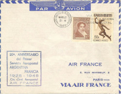 AIR FRANCE 20° Anniv.ligne Fce/Amér.Sud 07/03/48 Buenos Aires-Paris Enveloppe Spéciale Air France - First Flight Covers