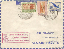 AIR FRANCE 20° Anniv.ligne Fce/Amér.Sud 07/03/48 Monteviéo-Paris Variante Griffe Rouge Enveloppe Air France - Premiers Vols
