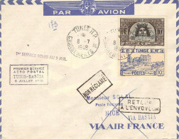 AIR FRANCE Ouverture 2°fréquence Tunis-Bastia, Directe Et Admission Du Courrier 09/07/48 - First Flight Covers