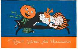 227857-Halloween, Gibson No GIB04-2, Boy With JOL Head On Stick Scaring A Young Girl In Bed, Art Deco Style - Halloween