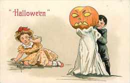 227133-Halloween, Leubrie & Elkus No 2214-1, Artist HB Griggs,Boy With Jack O Lantern & Ghost Costume Scaring Young Girl - Halloween