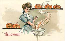 227135-Halloween, Leubrie & Elkus No 2215-1, Artist HB Griggs, Woman Cooking While Jack O Lanterns Watch From The Shelf - Halloween