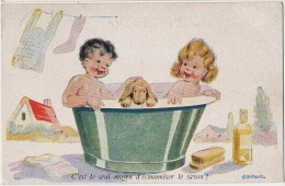 Petite Fille Et Petit Garçon Se Baignant Ensemble Baignoire Pour Economiser Le Savon Chien Par Janser - Cartes Humoristiques