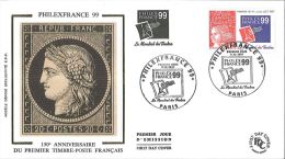 Enveloppe FDC Soie - PhilexFrance - 150ème Anniversaire Du Premier Timbre Poste Français - Paris - 1999 - 1990-1999
