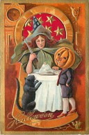 228427-Halloween, Nash No 3-3GB, Key Hole Series, Witch With Knife, JOL Head Boy & Black Cat Watching, Embossed Litho - Halloween