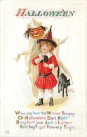 228431-Halloween, Nash No 14-2, Young Girl Witch Holding JOL Head On A Stick With Ghost Outfit, Embossed Litho - Halloween