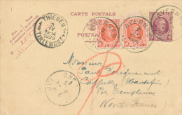 977/22 - Entier Postal Houyoux + 2 TP Idem AVERNAS 1926 Vers TEMPLEUVE France Via THIENEN (??)- RARE TARIF 75 C (4 Mois) - Postkarten 1909-1934