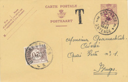 983/22 - Entier Postal Lion Héraldique OOSTENDE 1931 Vers BRUGES - Taxé Timbre-Taxe 20 C - Cartes Postales [1909-34]