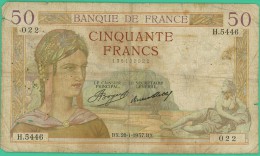 France -  50 Francs - Cérès - N° H.5446 / 022 - BX 28.1.1937.BX - B+ - 50 F 1934-1940 ''Cérès''