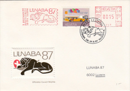 6850- LUNABA'87 PHILATELIC EXHIBITION , RED MACHINNE STAMPS ON EMBOISED SPECIAL COVER, BUSS, STAMP, 1987, SWITZERLAND - Brieven En Documenten