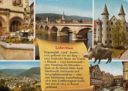 6915- POSTCARD, LOHR- FOUNTAIN, BRIDGE, CASTLE, WOOD FRAME HOUSES, CAR, WILD BOAR - Lohr