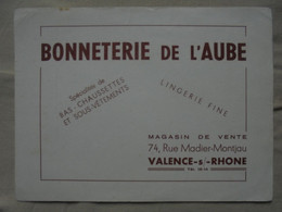 Ancien - Buvard Publicitaire "BONNETERIE DE L'AUBE" Valence -s- Rhône Tel 18-14" - Kleding & Textiel