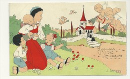 Joyeuses Pâques. Jeune Femme Et Trois Enfants Dans L´herbe. Petits Anges Et Cloches. Signée Gouppy (Découpée!!!) - Jonvelle