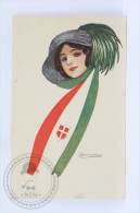 WWI Illustrated Postcard - Pin Up Girl With Italy Flag Scarf & Hat - Art Deco Style Beautie - Signed By Giovanni Nan - Nanni