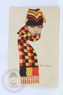 WWI Illustrated Postcard - Pin Up Girl With Belgium Flag Scarf & Hat - Art Deco Style Beautie - Signed By Giovanni N - Nanni