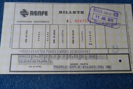 Renfe Ticket Railway 1975 Madrid Bilbao - Chemin De Fer
