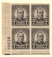 USA SC #639 MNH PB4  1927 7c McKinley  W/perf Flts @ TL  #19236, CV $20.00 - Plate Blocks & Sheetlets